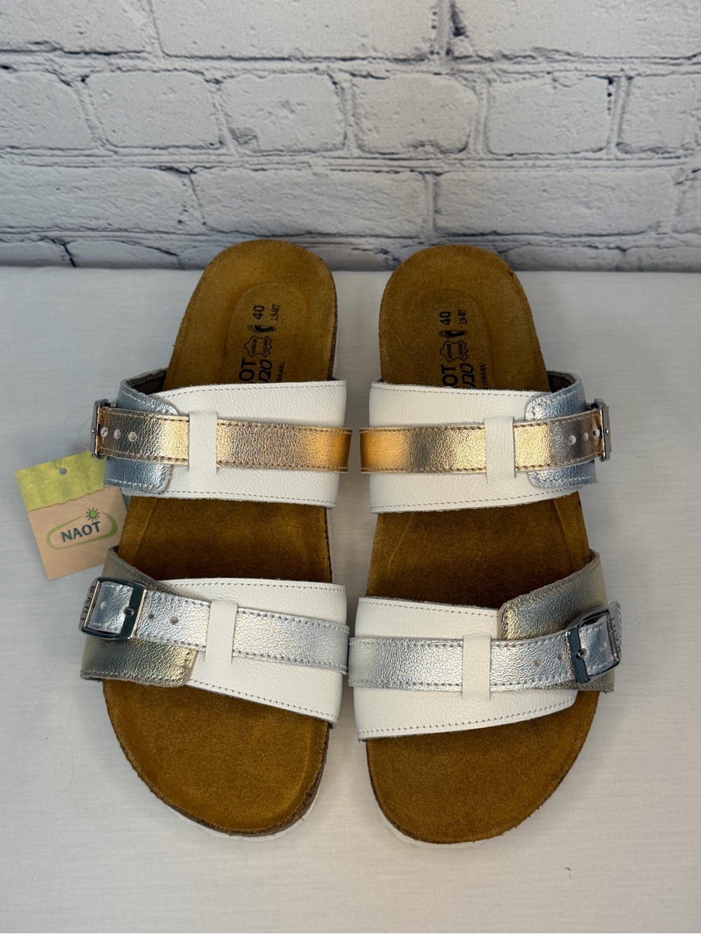 Naot Women’s White, Metallic Silver and Gold Double-Band Sandals
